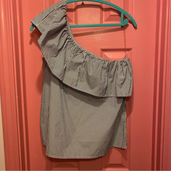 Haute Monde Blue Pinstripe One Shoulder Ruffle Top - Picture 3 of 7